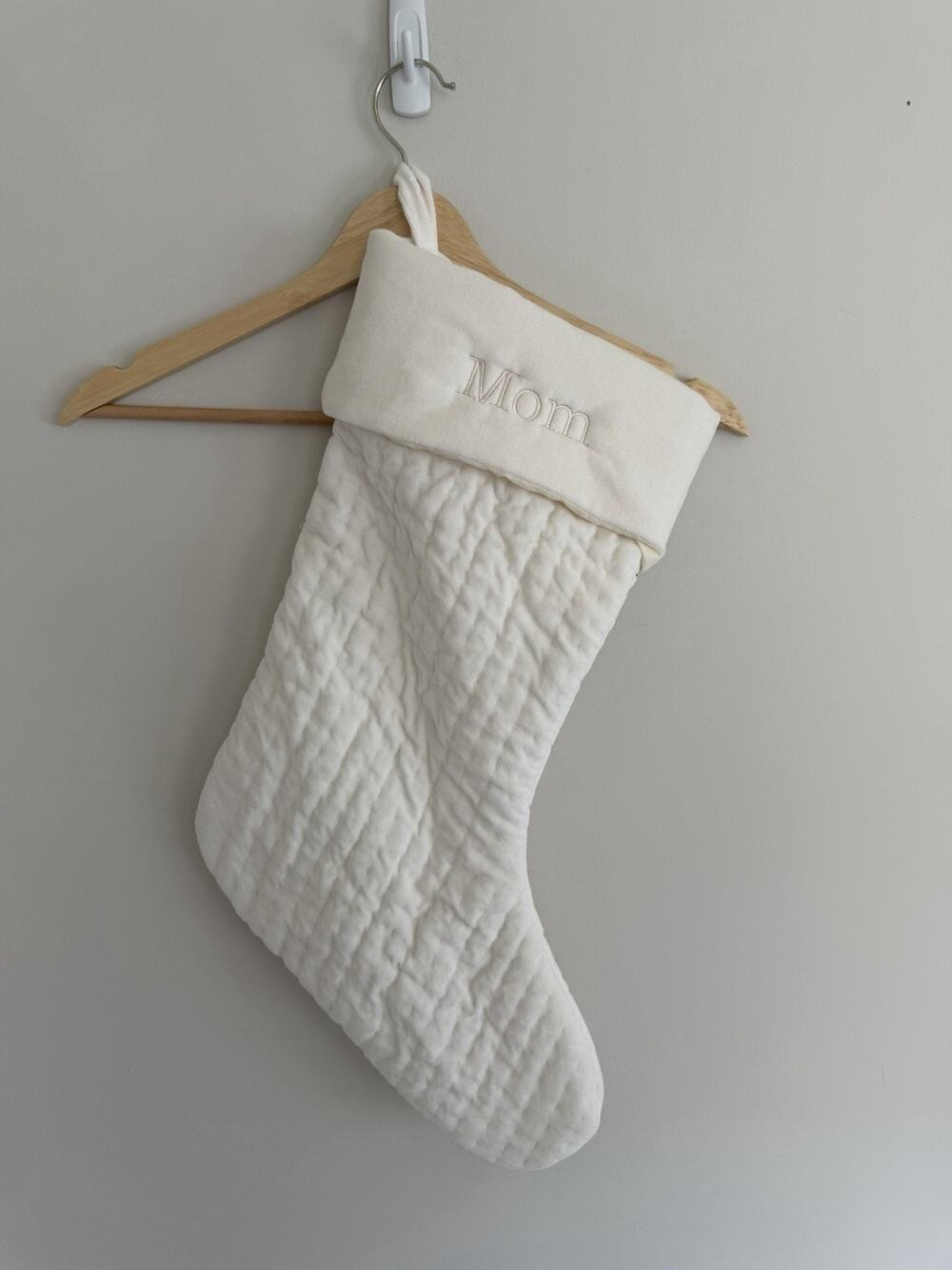 Pottery Barn Channel Quilted Ivory Velvet Medium Stocking Mono “MOM” Christmas